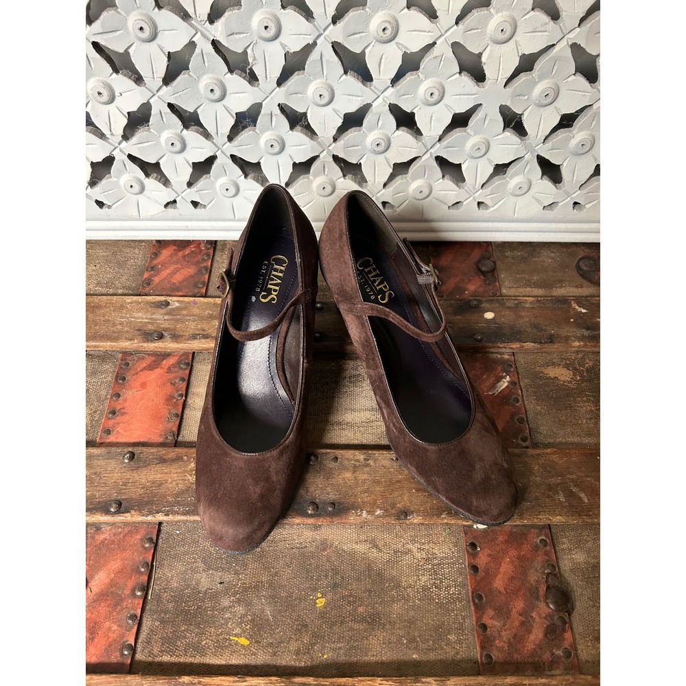 Chaps Adele Brown Suede Mary Jane Wedge Pumps Womens 7.5 B Chocolate Round Toe